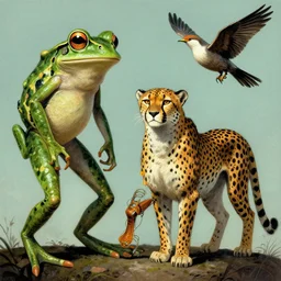 alien frog, cheetah, and bird. strange anatomy. pulp sci - fi art