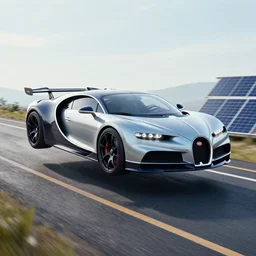 bugatti flying car hovering in the air above road, solar punk product photo