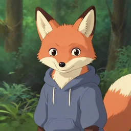an anthropomorphic fox wearing a hoodie by hayao miyazaki