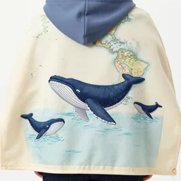 someone wearing a cape with a map of the sea on it. boat. fabric, stitched. whales. humpback