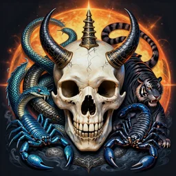 tribal cryptic king skull, ancient high knowledge, black rattlesnake, water dragon, blue scorpion, black tiger, super nova halo, intricate artwork by wlop, artgerm, greg rutkowski, symmetrical artwork, illustration, hyper detailed, sharp, smooth, vibrant colors, smooth gradients, high contrast, heavy depth of field, aperture f 1. 2