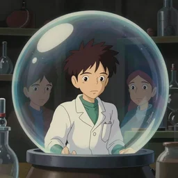 a very dull interior shot still from ponyo ( 2 0 0 8 ) of an old nerdy skinny scientist in a cubic bubble alone in his lab. bubble. close up on the faces, perfect art, grimdark, trending on pixiv fanbox, painted by studio ghibli