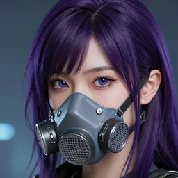 Close up portrait of a young Asian Cyberpunk woman with dark purple hair, she's wearing a filter mask, hyperdetailed, artstation, cgsociety, 8k