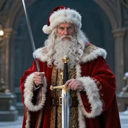 the sword of santa claus, cinematic still, hbo, 4 k, fantasy concept art, kieran belshaw