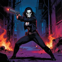 tom bagshaw, artgerm, rafael albuquerque comic art : : samara weaving with skull face paint, holding a gun, in an action pose : : in an alleyway during the purge : : night time dark with neon colors, fires, horror : :