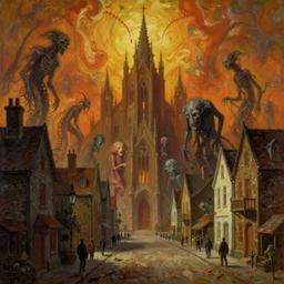 painting of town of eldritch entities beyond human comprehension, Zdzislaw Beksinski, Lewis Jones, Wayne Barlowe, street view, gothic, lovecraftian, cosmic horror, grotesque, warm hue's