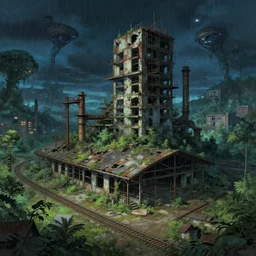 a beautiful ultradetailed illustration of city urbex unfinished building industrial architecture abandoned nature railroad station by ivan aivazovsky, futuristic at night nature alien rainforest fisheye magic realism studio ghibli nightsky, archdaily, wallpaper, highly detailed, trending on artstation.