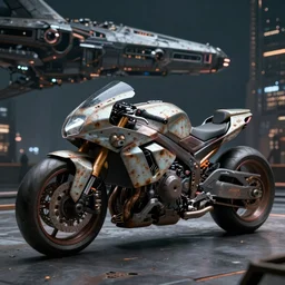 an armored futuristic sci fi motorbike, unreal engine, cinematic lighting, texture rust, texture electronic circuit, texture city at night, spaceship