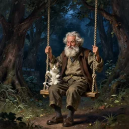 an old man and his cat having fun on a swing dark night in an ancient forest, fantasy, artwork by alexander jansson, greg rutkowski, gediminas pranckericius