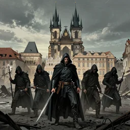detailed ultra - realistic graphic novel illustration of patrolling vampire hunters, desolated praha district, by famous digital artists, cinematic, full shot, medieval horror