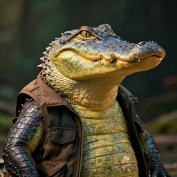 anthropomorphic alligator wearing a vest, cinematic lighting, digital art