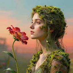 a beautiful woman portrait mutating in to flower, covered with thin tendrils and moss, by jean delville, by edmund dulac, by jean giraud, by ellen jewett, landscape photography composition, vivid colors, octane render, redshift render