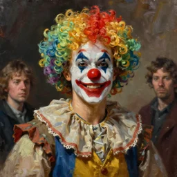 oil matte painting, french man in rags with clown wig and red nose. digital painting, fantasy, concept art, cinematic colors, realistic shaded. by ilya kuvshinov, magali villeneuve, artgerm, greg rutkowski