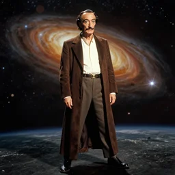 the full body shot of salvador dali in the role of emperor of universe | still frame from the star wars movie by ridley scott with cinematogrophy of christopher doyle and art direction by hans giger, anamorphic bokeh and lens flares, 8 k, higly detailed masterpiece