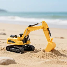 excavator toy, beach, sand, sea, depth of field, very detailed, holiday vibe, photo style, ultra realistic