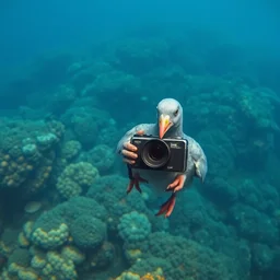 underwater pigeon holding camera in tropical reef