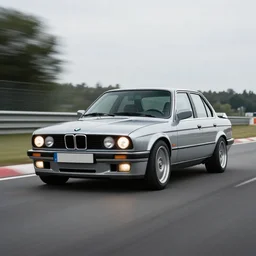 a rolling shot of a modified bmw e 3 0 with lights on, on a street race track, motion blur, 3 0 0 mm photography, car photography, clean lines, realistic