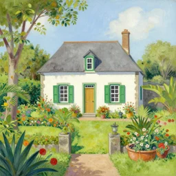 a typical house in a creole garden from reunion island painting by moebius, trending on artstation