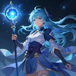 a beautiful anime character wizard with free flowing hair holding a staff that has a glowing blue orb at the head of it emanating brilliant blue light, high detail, high resolution