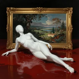 an all white human, with no facial features, like a white skin tight mask pulled over their face merges into their body, full body laying in a blood red pool of water between a golden mirror frame, outside is space and inside the mirror frame is a beautiful landscape., physically accurate, moody dynamic lighting, intricate, elegant, highly detailed, very very terrifying, very very unsettling, very very beautiful, very very Roberto Ferri, sharp focus, illustration, art