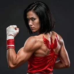 a portrait of kawennahere devery jacobs as korra, muscular, wearing red attire, bandage taped fists, medium length black hair, red phoenix tattoo on back, serious, style by donato giancola, wayne reynolds, jeff easley dramatic light, high detail, cinematic lighting, artstation, dungeons and dragons
