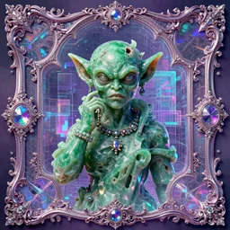 baroque bedazzled gothic bedazzled futuristic frames surrounding a pixelsort highly detailed portrait of a colorful maximalist maximalism rotting jade statue of the green goblin, a hologram by penny patricia poppycock, pixabay contest winner, holography, irridescent, photoillustration, maximalist vaporwave