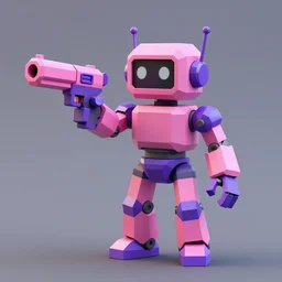 a pink and purple robot holding a gun, a low poly render by Doc Hammer, polycount, toyism, made of plastic, made of rubber, darksynth