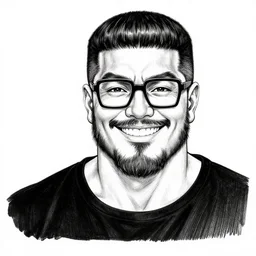 hightly detailed ink line drawing of a buff smiling man with long stubble, muscular neck, rectangular square shaped glasses and a black bowl cut, wearing a black tshirt, b & w clean shaped illustration by kim jung gi, ric estrada, ron english and eiichiro oda