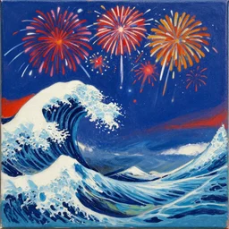 a painting of waves in the ocean with fireworks in the background, canvas, acrylic paint, by andy warhol, by roy liechtestein, isometric