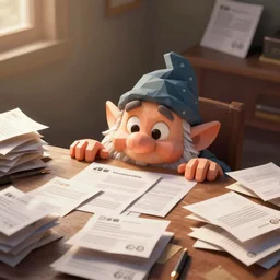 a bewildered dwarf peering over the edge of his desk with only the top half of his face exposed, the desk being covered in sprawling piles of mail, low poly