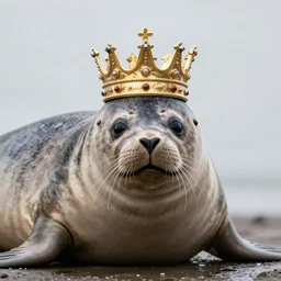a seal wearing a kingscrown on it's head