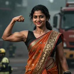 young indian woman firefighter, wearing a sari, strong, muscular, smiling, digital portrait by greg rutkowski, intricate, soft focus, highly detailed, cinematic, epic, artstation