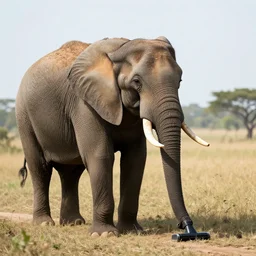 an elephant with a vacuum cleaner trunk