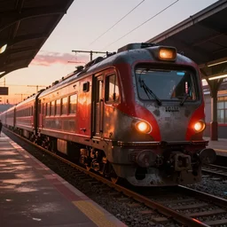 futuristic steampunk train in railstation, stunning volumetric lighting, sundown, trending on Artstation, 8k, photorealistic, hyper detailed, unreal engine 5, cinematic, epic lighting, cryengine, octane render, cyberpunk, red and orange glow