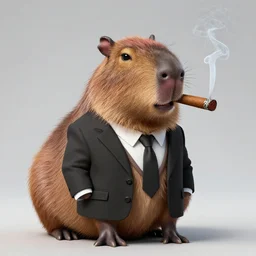an antropomorphic accurate capybara wearing a business suit and smoking a cigar in his mouth