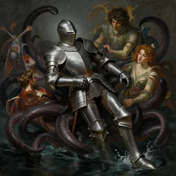 knight in heavy armor in dark water, tentacles pull him, fantasy, highly detailed, digital painting, trending on artstation, concept art, sharp focus, illustration, art by alphonse mucha and artgerm and nixeu and greg rutkowski and magali villeneuve
