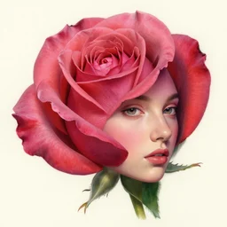 a highly detailed floral portrait of rose head, girl face in rose, big bud, james gurney, james jean