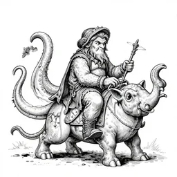 highly detailed ink illustration of a hobbit riding cthulhu in a circus, b & w clean shaped illustration by kim jung gi