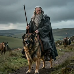 hyper cinematic scene of gandalf riding on a dog
