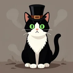 a black and white cat!! wearing a top hat | vector art by hanns katz, character portrait by puru, furry art, deviantart contest winner | purism, concept art, flat shading, vanitas, ( ( bright green eyes ) ), full body shot!!, ( ( ( unreal engine 5 ) ) ), smoky! muddy background!