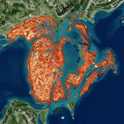 satellite photograph of the Great Lakes filled with pizza sauce