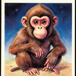 glossy old advertising poster of a monkey with rabies, night, drawn comic by junji ito, pastels, gradient,