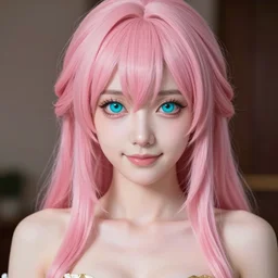 stunningly beautiful omnipotent megalomaniacal anime goddess with porcelain skin, pink hair and mesmerizing cyan eyes, symmetrical perfect face smiling in a haughty way, mid view, hyperdetailed, 2 d, 8 k