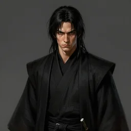 portrait of a man by greg rutkowski, dark jedi knight, mixture between japanese and russian features, messy black hair with bangs, very tall and slender, star wars expanded universe, resentful, he is about 2 0 years old, wearing black robes, digital painting, artstation, concept art, smooth, sharp foccus ilustration, artstation hq