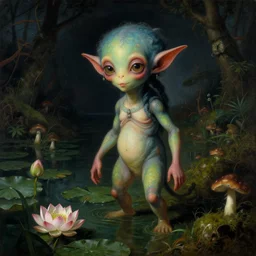 a close - up rococo portrait of an colorful alien elf - like creature with whimsical features standing in water, lily pads, lotus flowers, moss, mushrooms, and swamp. night time. rich colors, high contast. gloomy, highly detailed 1 8 th century sci - fi fantasy masterpiece painting by jean - honore fragonard, moebius, and johfra bosschart. art