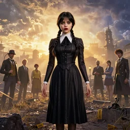 epic vfx beautifull hyper realistic wednesday addams, beauty, golden hour, gorgeous lighting by kim jung giu weta studio, mucha, bautista and norman rockwell and greg rutkowski and tom bagshaw and james gurney and lucasfilm