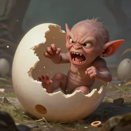a goblin newborn angrily punching his way out of an egg, action shot, fantasy art, highly detailed, rpg illustration, artstation, by larry elmore, by greg retkowski, by chris achilleos