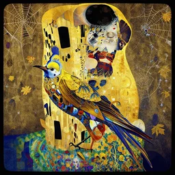 an insanely detailed cell shaded vector art of a mechanical bird with woman and the death, intricate detailed autumn leaves, spiderweb, mycelia, by ruan jia, fantasy, hyper detailed, concept art, gold and ultramarine harmony palette, by gustav klimt, by greg rutkowski, by alphonse mucha