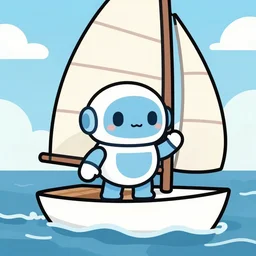 mascot character art a friendly alien robot sailing on the open sea in a sailboat