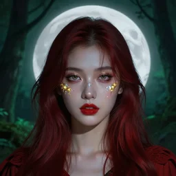 glowing silver and golden elements, full close-up portrait, young model from shutterstock as a dark witch in front of the full big moon, book cover, green forest, red white black colors, establishing shot, extremly high detail, photo-realistic, cinematic lighting, pen and ink, intricate line drawings, by Yoshitaka Amano, Ruan Jia, Kentaro Miura, Artgerm, post processed, concept art, artstation, matte painting, style by eddie, raphael lacoste, alex ross